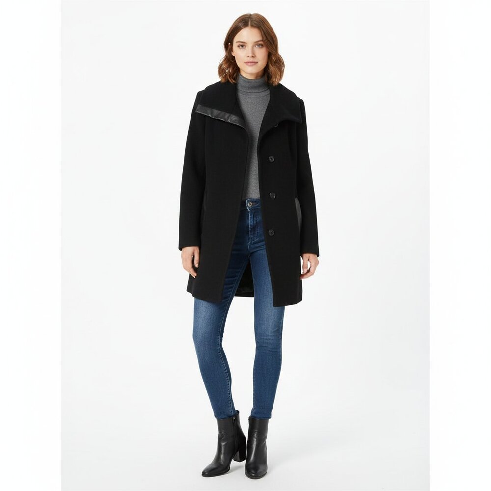 *Fennelli London Black Wool Cashemere Jacket w Large Lapel & Faux Leather Trim